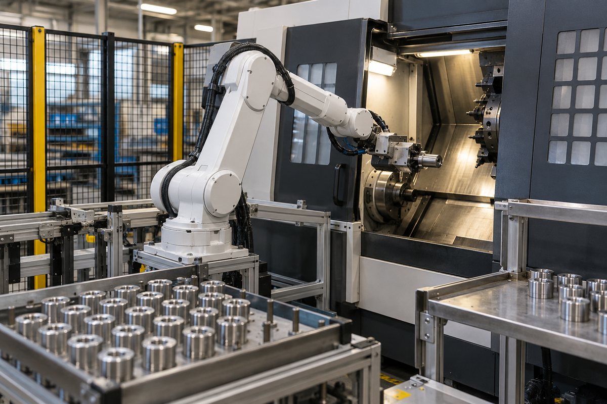 加工機（旋盤）の前に据え付けたロボット1台が、ハンドで部品を出し入れしている様子