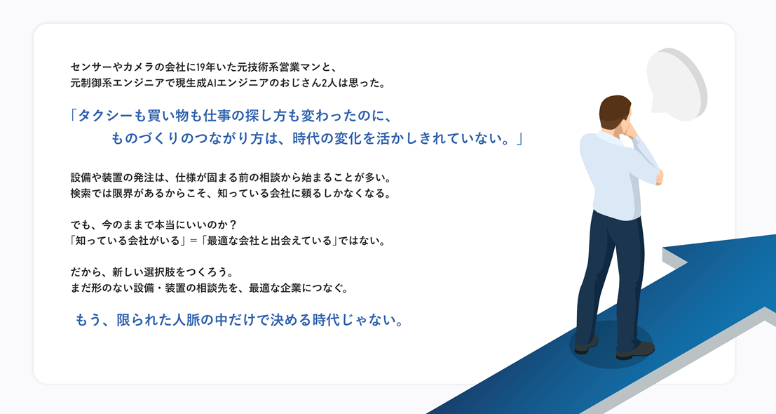 製造業における企業選びの課題と変化を語るストーリーテキストと、考えるポーズをとる男性のイラスト。