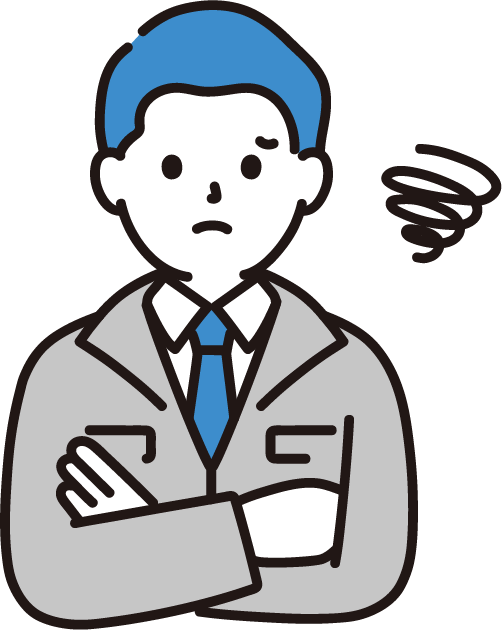 腕を組んで困った表情をしている作業着の男性